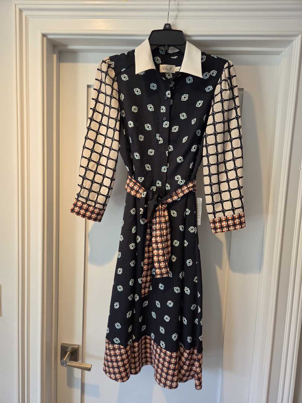 Eliza J Black Shirt Dress with White Collar and Multicolor Accents